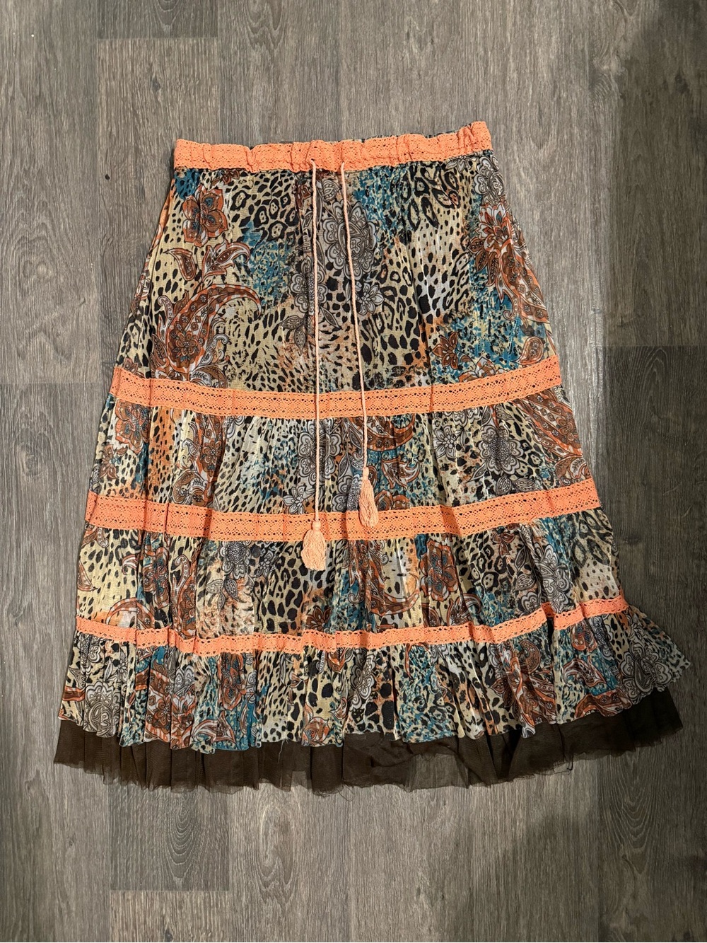 Lapis Multicolor Tiered Animal and Paisley Print Skirt with Coral Trim